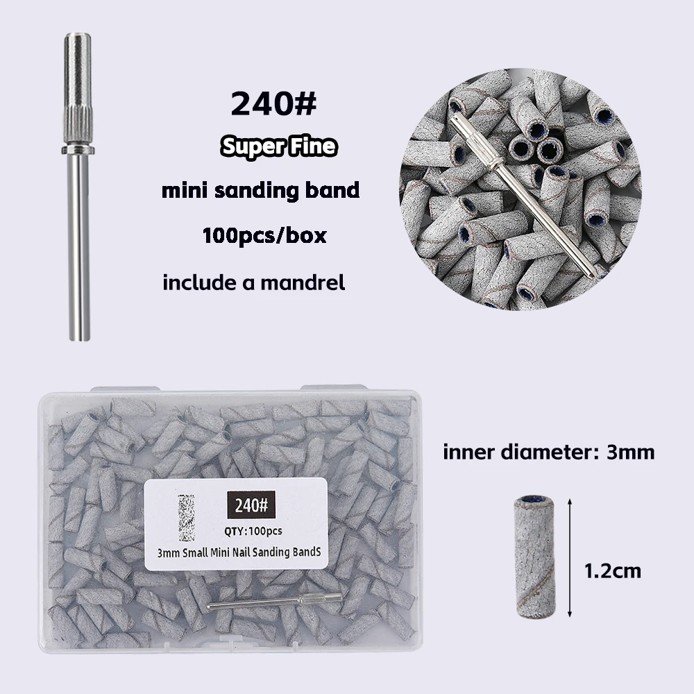 100/200PCS 3mm Nail Sanding Bands Set with Mandrel - 80/120/180/240 Grit Sandpaper For Nail Drill Bit Manicure Pedicure Salon