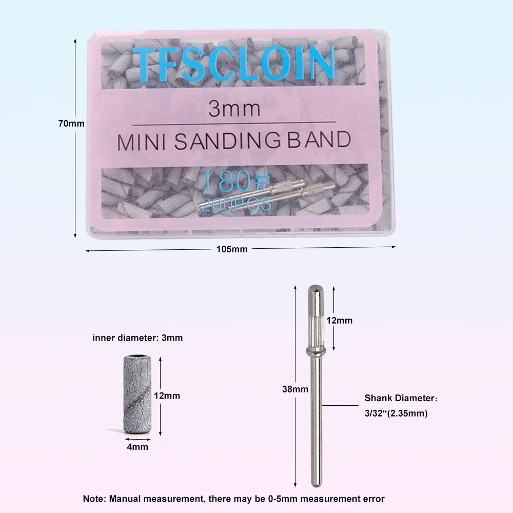 100/200PCS 3mm Nail Sanding Bands Set with Mandrel - 80/120/180/240 Grit Sandpaper For Nail Drill Bit Manicure Pedicure Salon