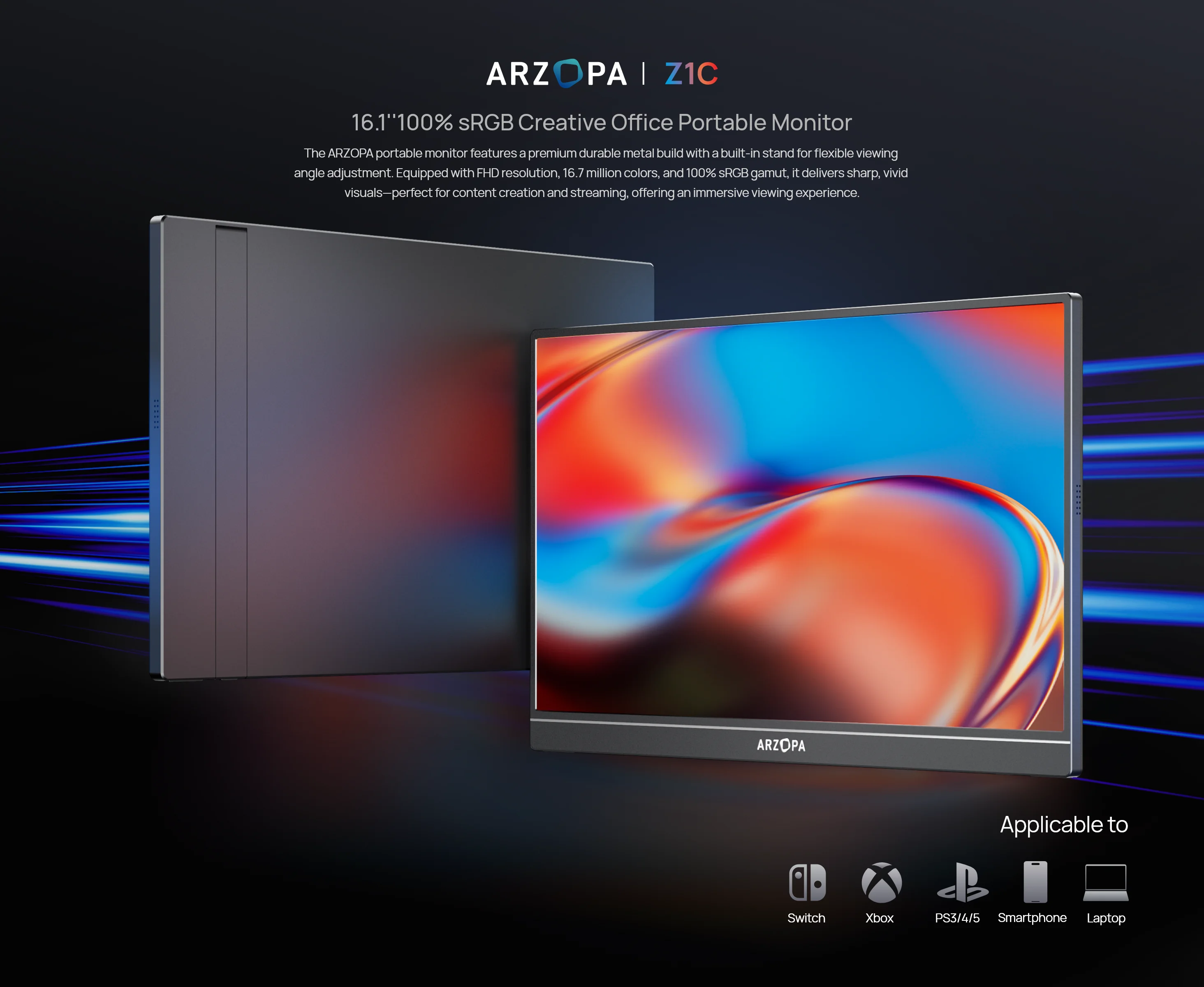 ARZOPA 16.1'' 100% sRGB Portable Monitor FHD1080P IPS Screen Second Monitor External Screen for MAC Laptop PC Xbox/PS/Switch,Z1C