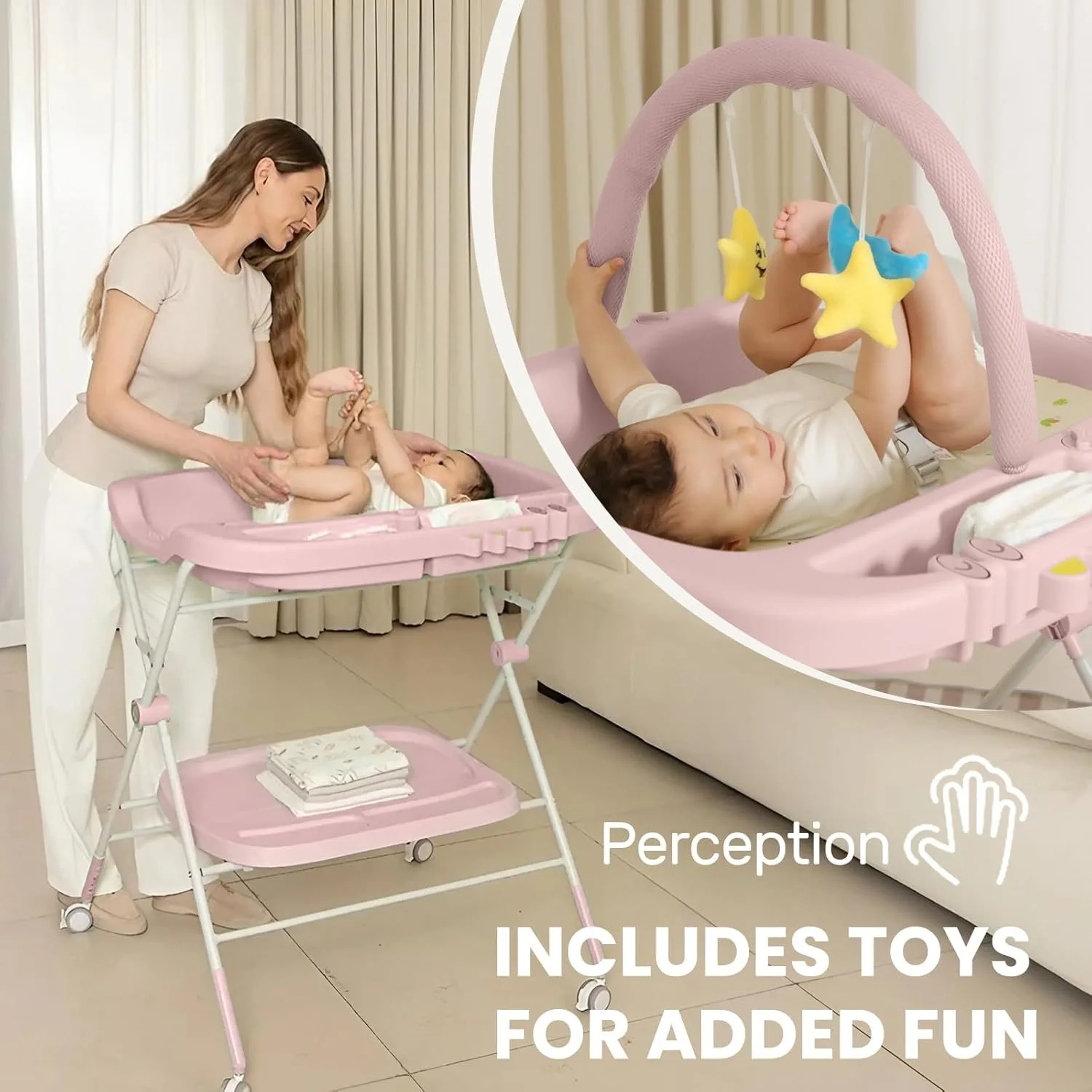 Baby Portable Diaper Changing Table, Folding Diaper Changing Station with Wheels, Adjustable Height Diaper Station with Nursery