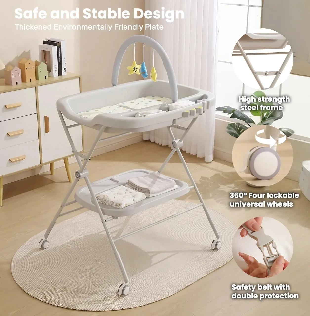 Baby Portable Diaper Changing Table, Folding Diaper Changing Station with Wheels, Adjustable Height Diaper Station with Nursery
