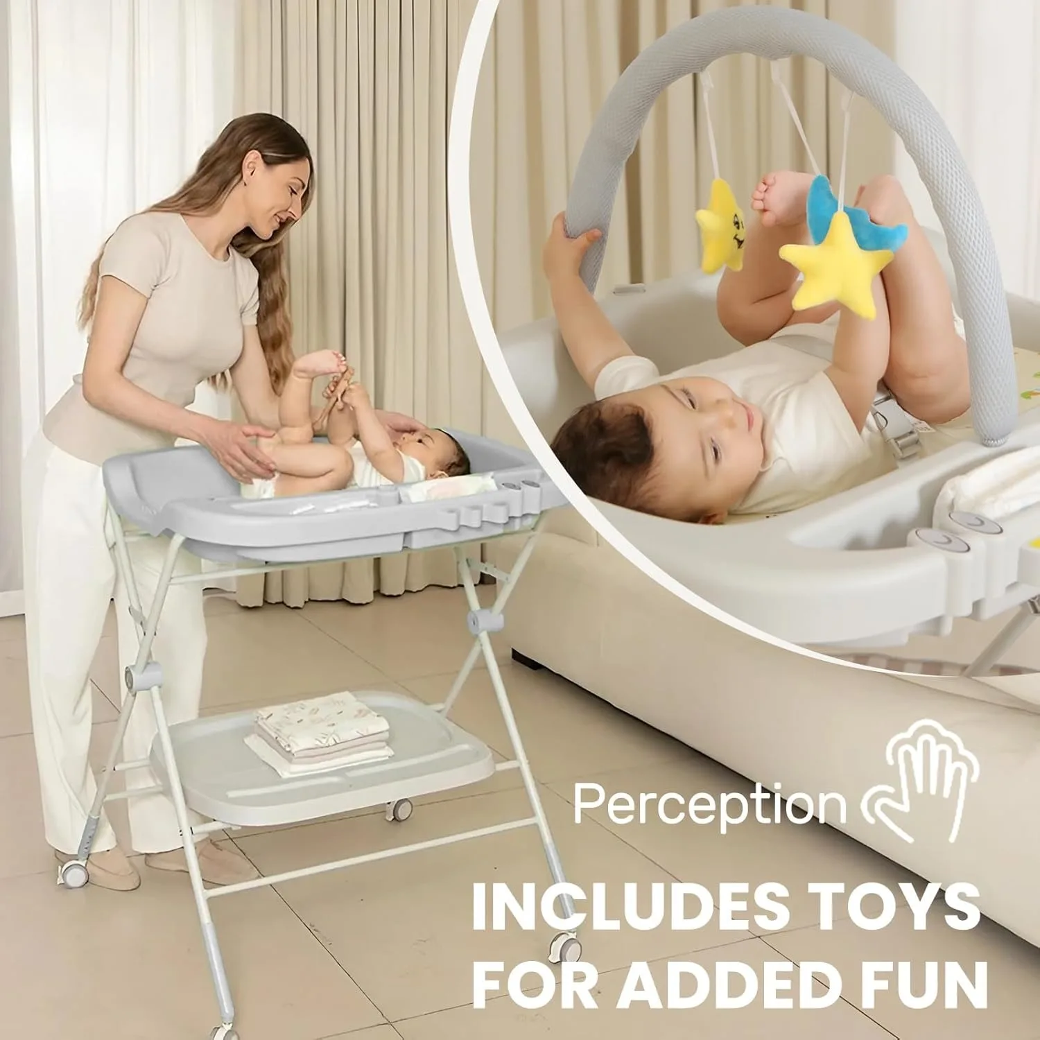 Baby Portable Diaper Changing Table, Folding Diaper Changing Station with Wheels, Adjustable Height Diaper Station with Nursery