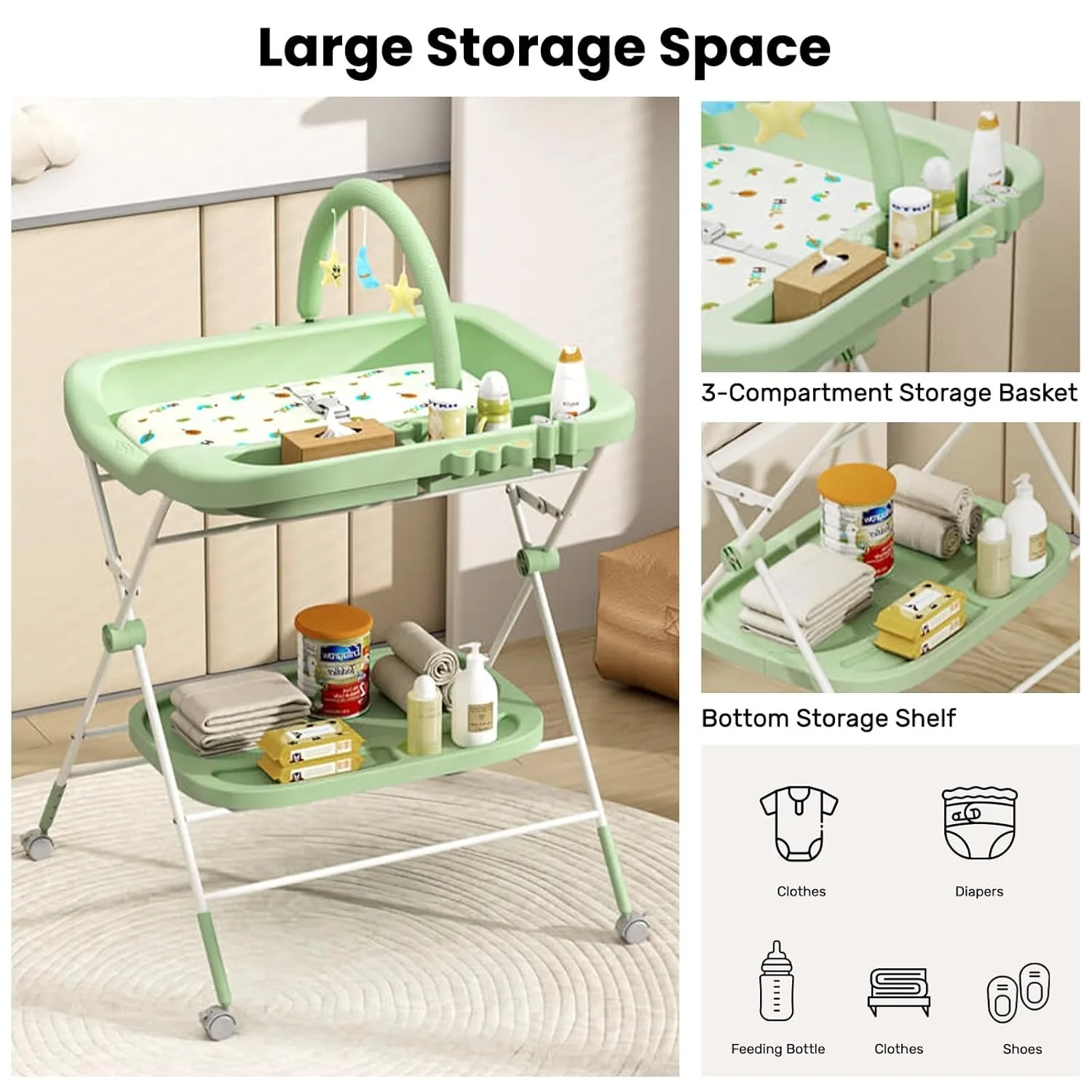 Baby Portable Diaper Changing Table, Folding Diaper Changing Station with Wheels, Adjustable Height Diaper Station with Nursery