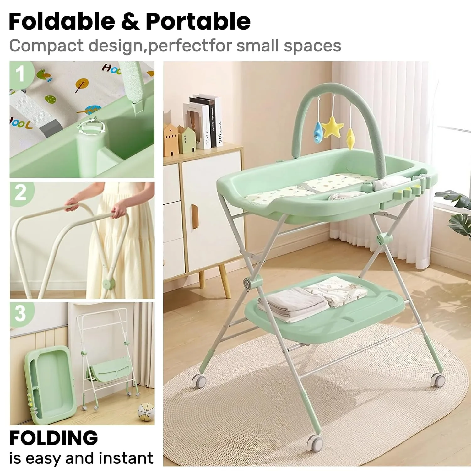 Baby Portable Diaper Changing Table, Folding Diaper Changing Station with Wheels, Adjustable Height Diaper Station with Nursery