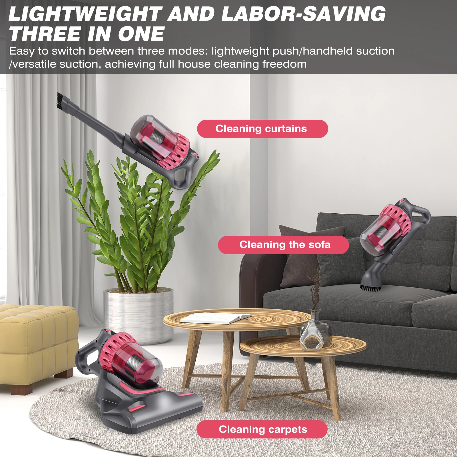 Handheld Vacuum Cleaner for Mattress 100W Powerful Suction 10KPA with UV Light HEPA Filter 3 Brush Heads 200ml Dust Box for Home Cleaning