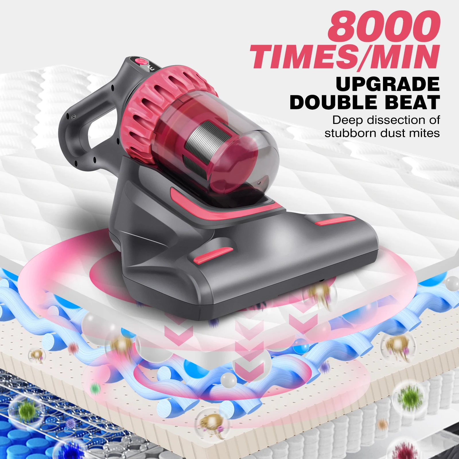 Handheld Vacuum Cleaner for Mattress 100W Powerful Suction 10KPA with UV Light HEPA Filter 3 Brush Heads 200ml Dust Box for Home Cleaning