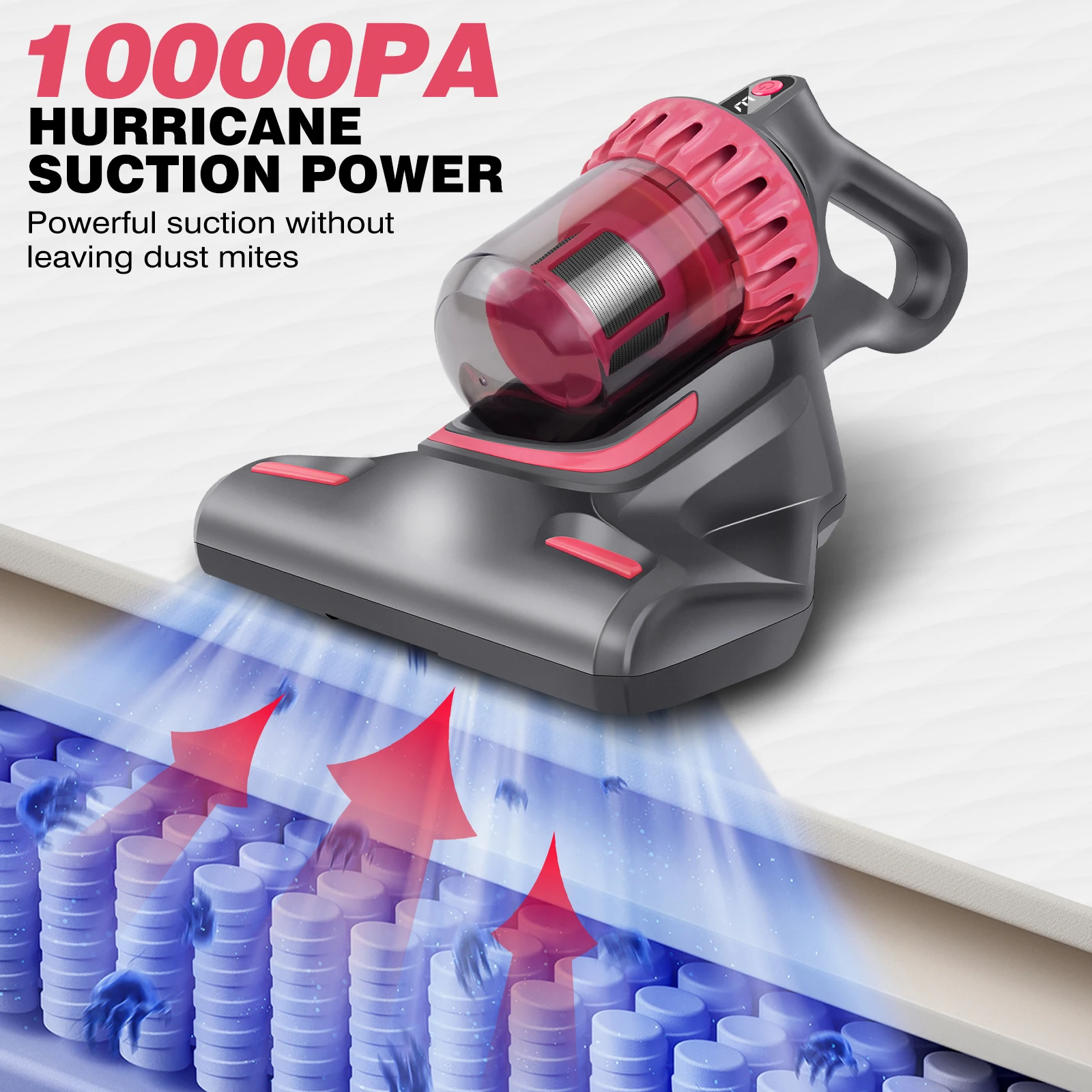 Handheld Vacuum Cleaner for Mattress 100W Powerful Suction 10KPA with UV Light HEPA Filter 3 Brush Heads 200ml Dust Box for Home Cleaning