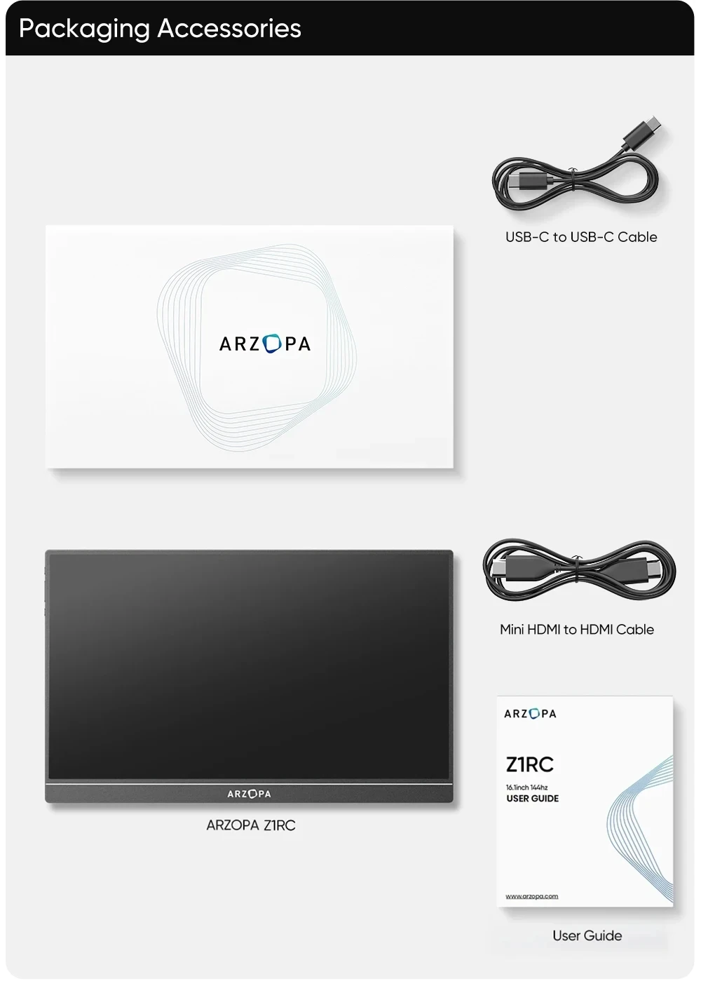 ARZOPA 16inch 2K Portable Monitor 16:10 IPS Screen with type-c mini hdmi Second Display for MAC/Laptop/PC/Xbox/PS4/5/Switch,Z1RC