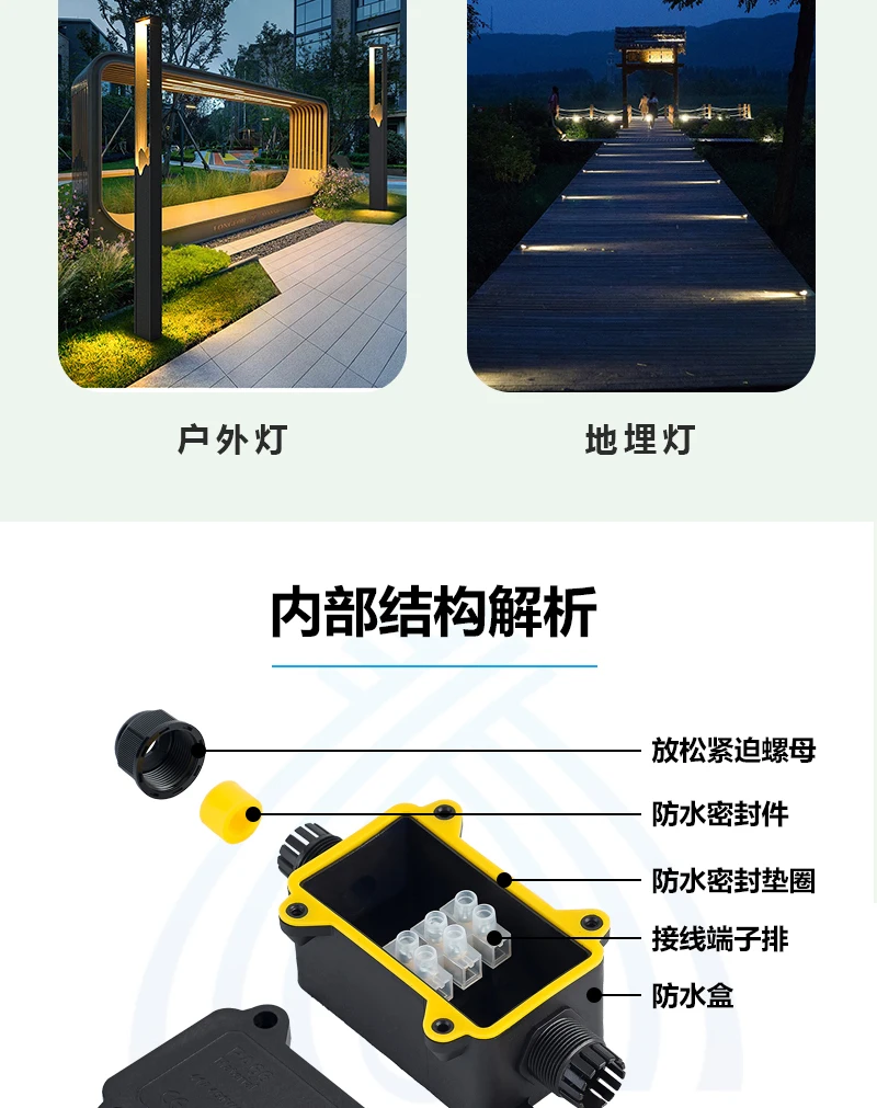 IP68 Outdoor Waterproof Junction Box – Black, 3 Way Mini Connector Box with PC Plastic and Terminal, Designed for Buried Wires