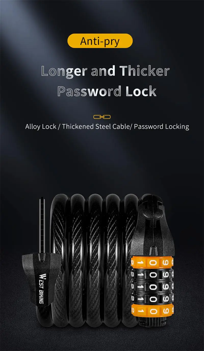 WEST BIKING Bike Cable Lock MTB Road Bike Anti-theft Safety Password Bicycle Locks for Scooter Motorcycle Bike Accessories