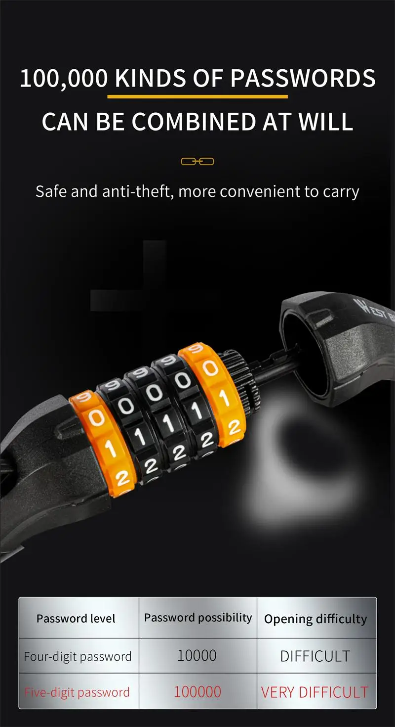 WEST BIKING Bike Cable Lock MTB Road Bike Anti-theft Safety Password Bicycle Locks for Scooter Motorcycle Bike Accessories