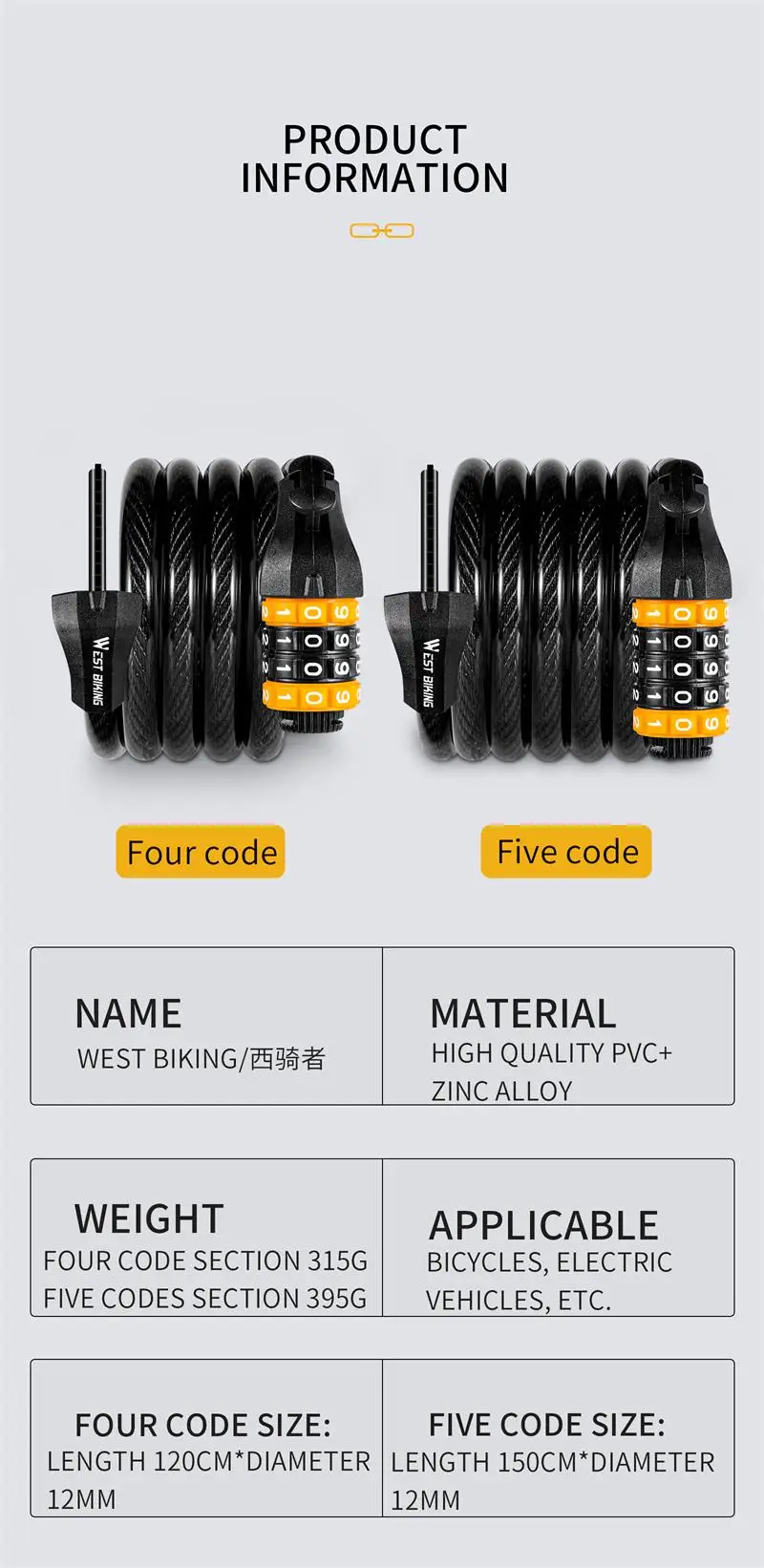 WEST BIKING Bike Cable Lock MTB Road Bike Anti-theft Safety Password Bicycle Locks for Scooter Motorcycle Bike Accessories