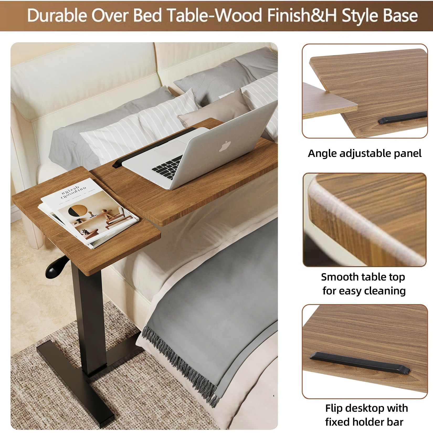 Height Adjustable Overbed Table Bedside desk Laptop Table with Hidden Rolling Wheels