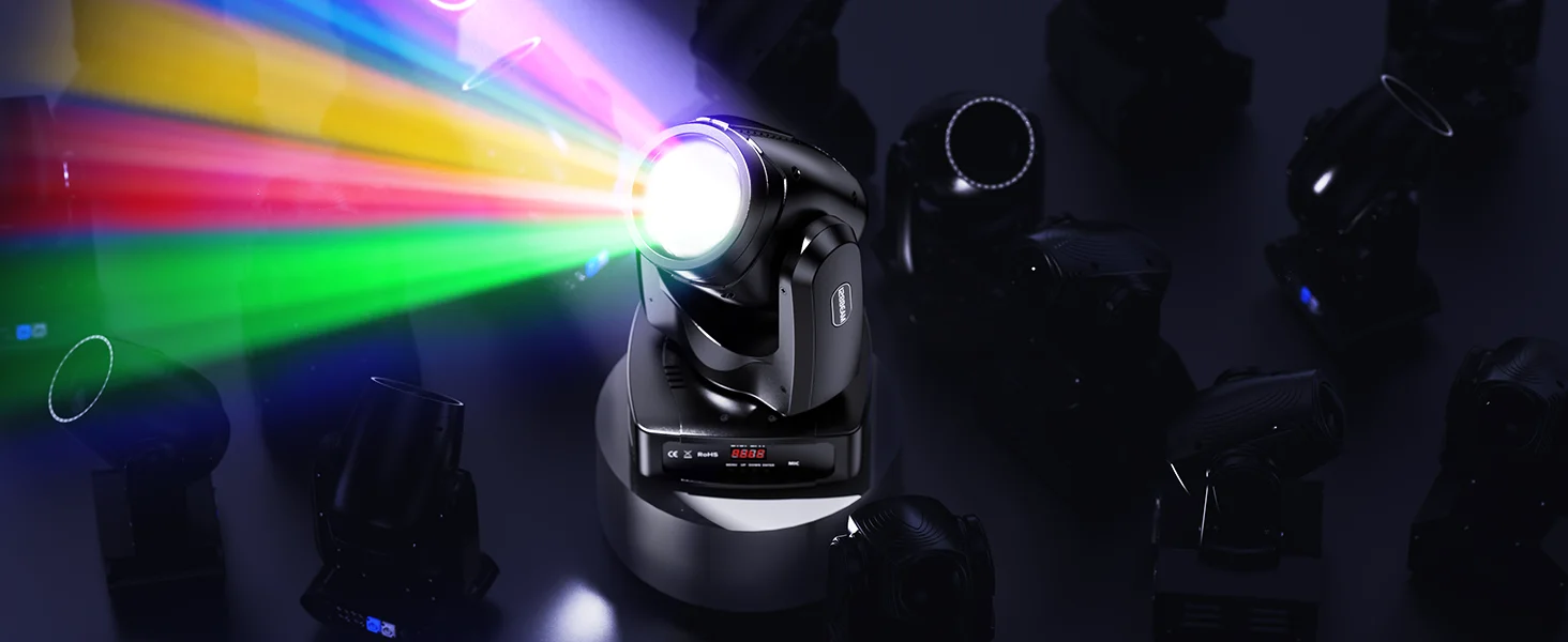GWONG Mini 250W LED Moving Head RGBW Stage Lights With Strip Lights 18 Channels DMX 512 Voice Activation for Wedding Disco