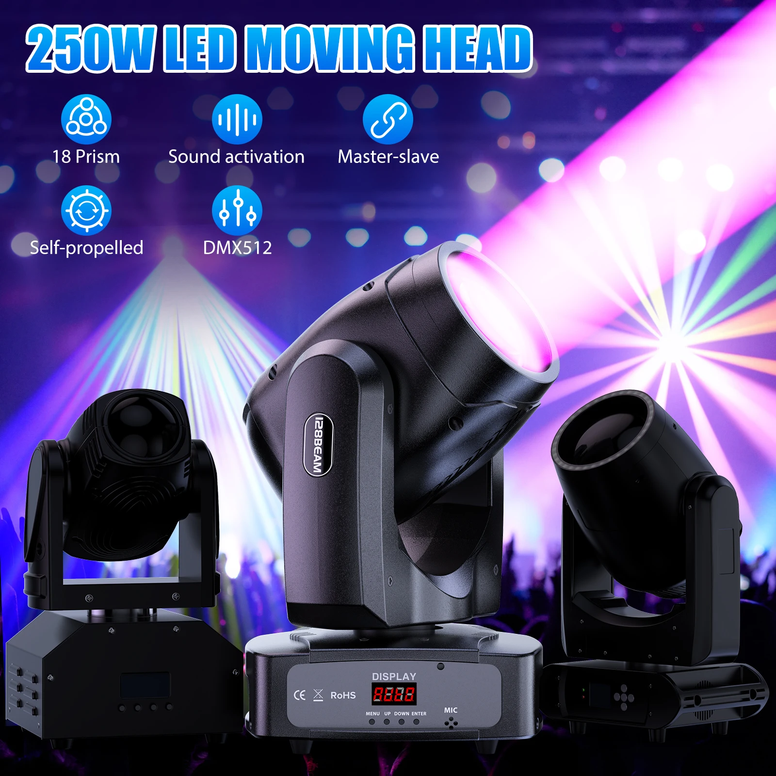 GWONG Mini 250W LED Moving Head RGBW Stage Lights With Strip Lights 18 Channels DMX 512 Voice Activation for Wedding Disco