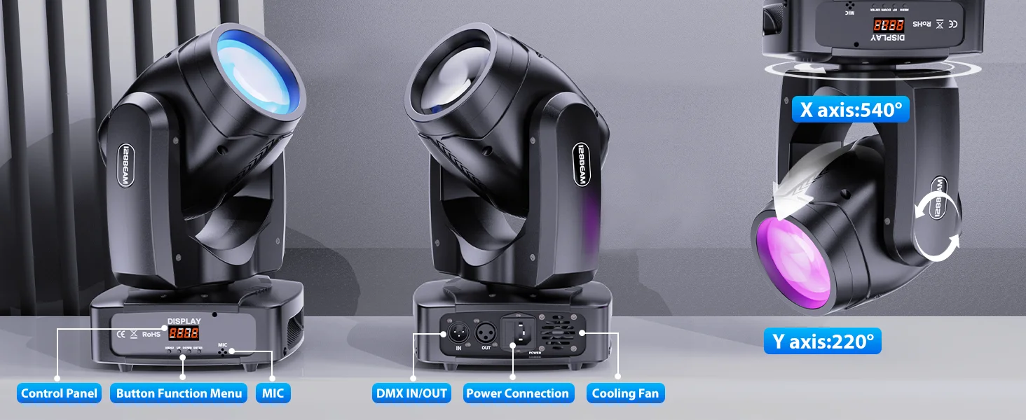 GWONG Mini 250W LED Moving Head RGBW Stage Lights With Strip Lights 18 Channels DMX 512 Voice Activation for Wedding Disco