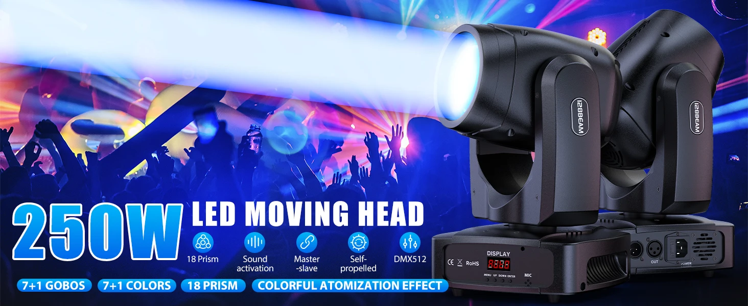 GWONG Mini 250W LED Moving Head RGBW Stage Lights With Strip Lights 18 Channels DMX 512 Voice Activation for Wedding Disco
