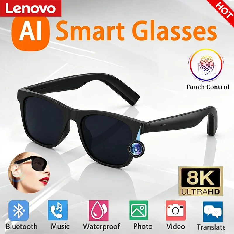 Lenovo AI Remote Control Touch Smart Glasses 8K HD Photo Camera Recording Translator Voice Assistant Music Bluetooth Sunglasses