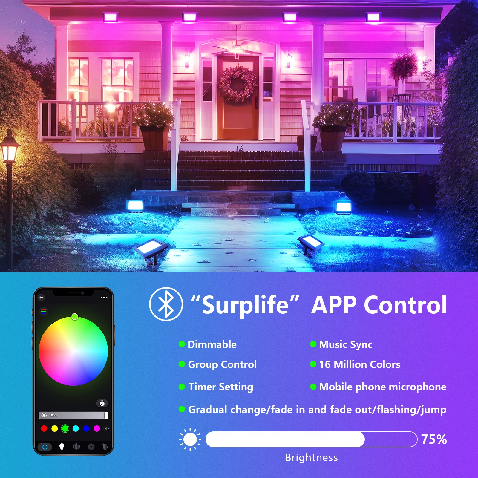 SKYWORLD APP Outdoor RGB Smart Floodlight 16 Million Colors Adjustable Color Temperature Wireless Connectivity Courtyard Lights