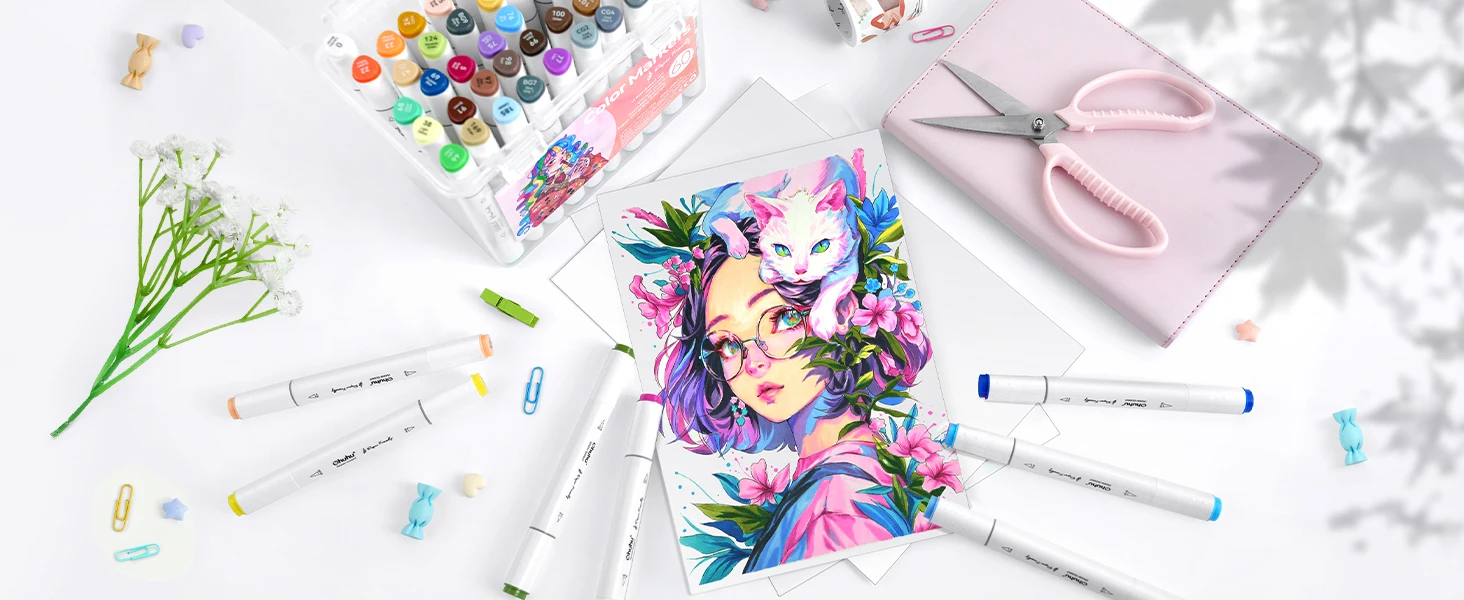 Ohuhu Markers Paper-friendly Water-based Coloring Markers 60 Colors Dual Brush Fineliner Tips Markers Coloring Books Art Markers