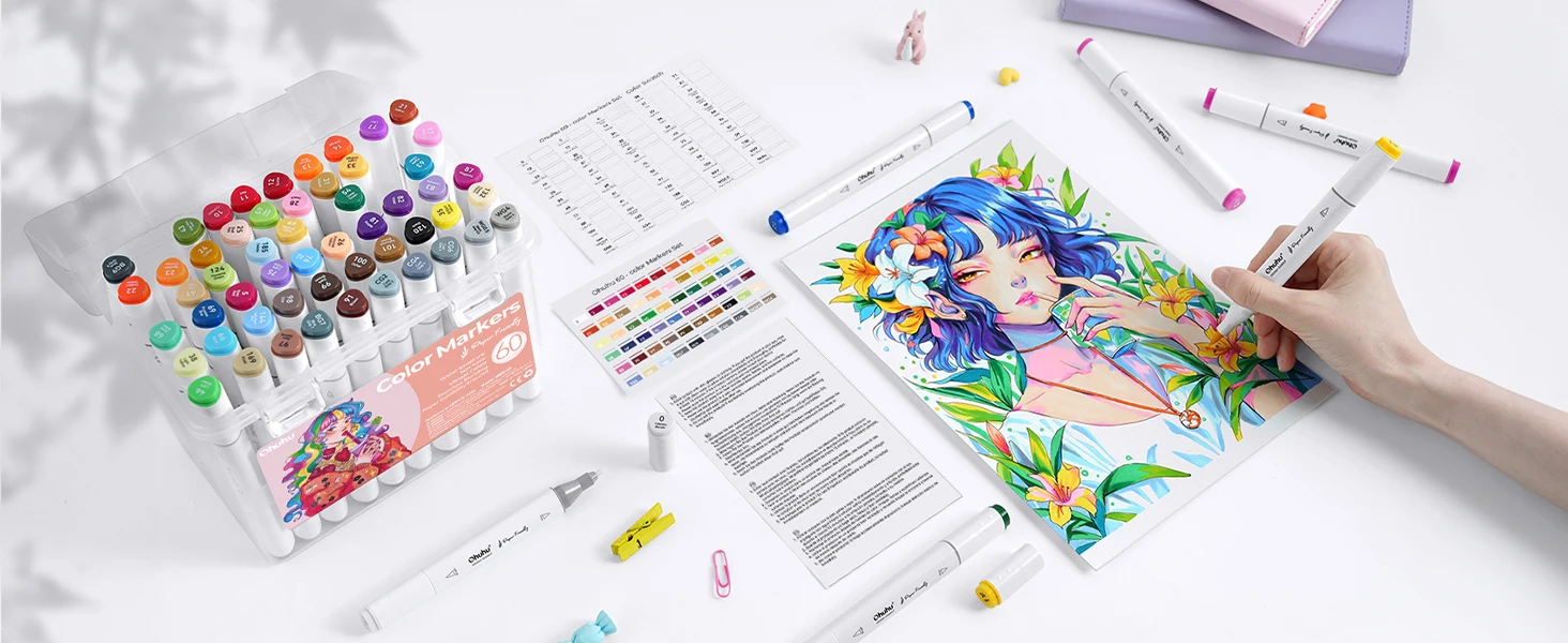 Ohuhu Markers Paper-friendly Water-based Coloring Markers 60 Colors Dual Brush Fineliner Tips Markers Coloring Books Art Markers