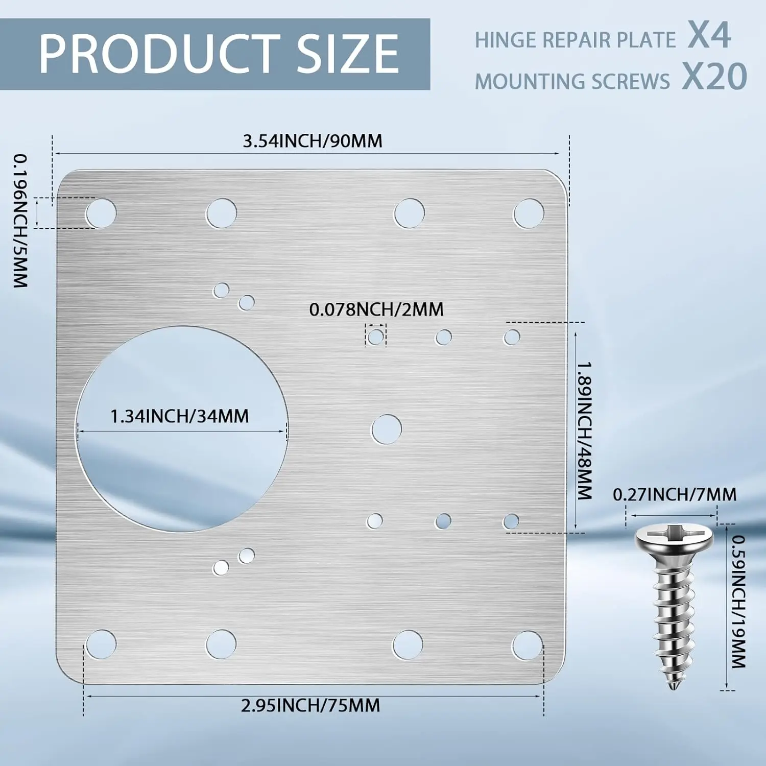 20/2Pcs Cabinet Hinge Repair Plate Kits Stainless Steel Door Hinge Mounting Plate with Holes for Home Kitchen Cupboard Furniture