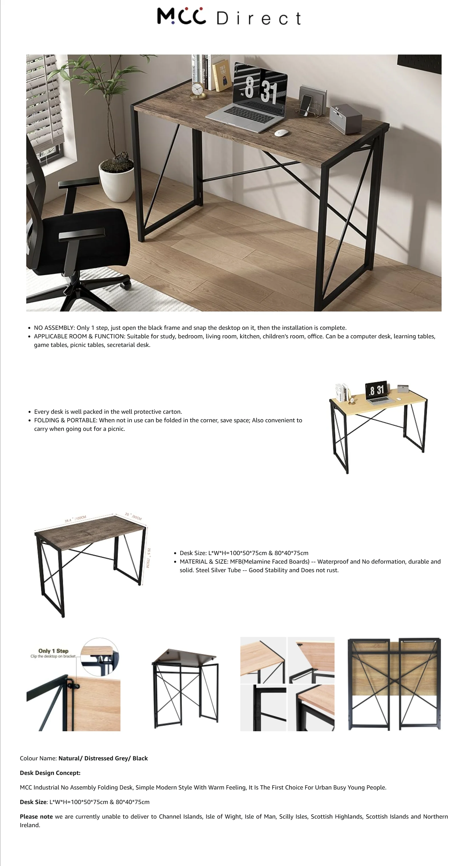 mcc direct Folding Desk Workstation Foldable Computer Desk for Office Home Study Writing Table No Assembly Miami