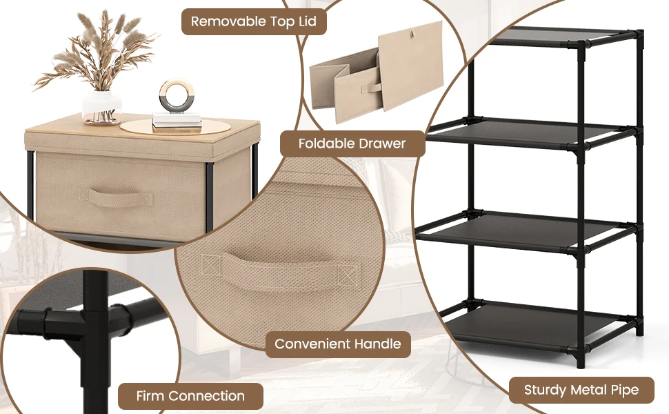 GOFLAME 3-Tier Fabric Dresser Fabric Nightstand w/ 3 Drawers & w/ Sturdy Metal Frame Black