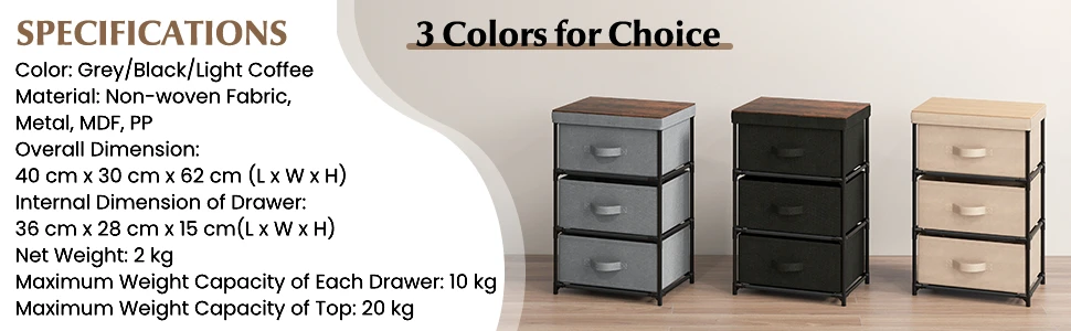 GOFLAME 3-Tier Fabric Dresser Fabric Nightstand w/ 3 Drawers & w/ Sturdy Metal Frame Black