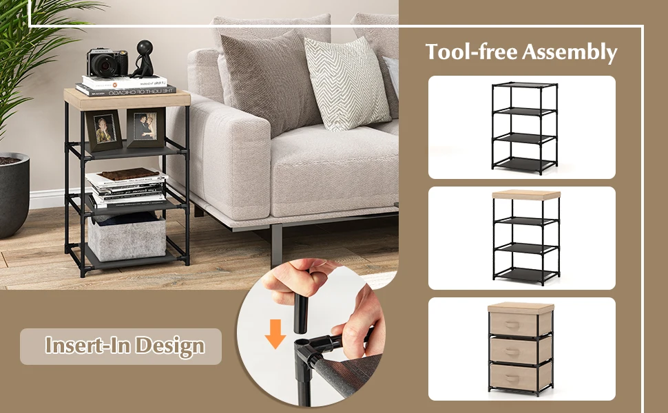 GOFLAME 3-Tier Fabric Dresser Fabric Nightstand w/ 3 Drawers & w/ Sturdy Metal Frame Black
