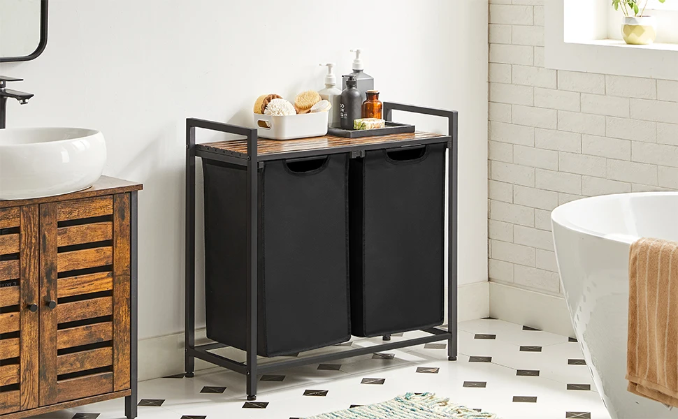 VASAGLE Laundry Basket, 2-Compartment, Pull-Out and Removable Laundry Bags,Metal Frame, 2 x 46L, 73 x 33 x 72 cm