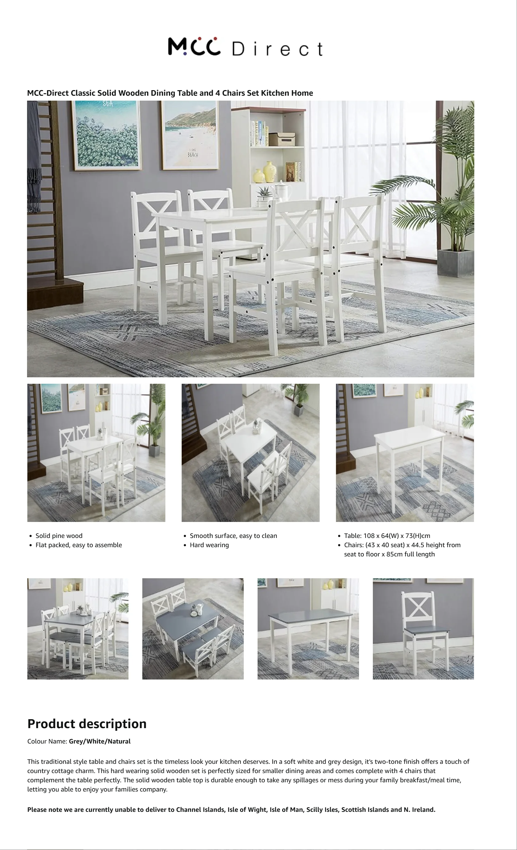 mcc direct Classic Solid Wooden Dining Table and 4 Chairs Set Kitchen Home