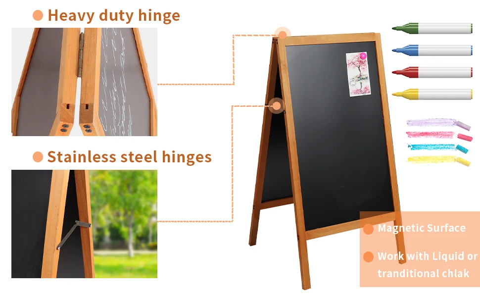 Outdoor Wooden Advertising Board Magnetic Double Sided Blackboard Chalkboard Display Stand Wood Easel with 2 Cleaning Cloths