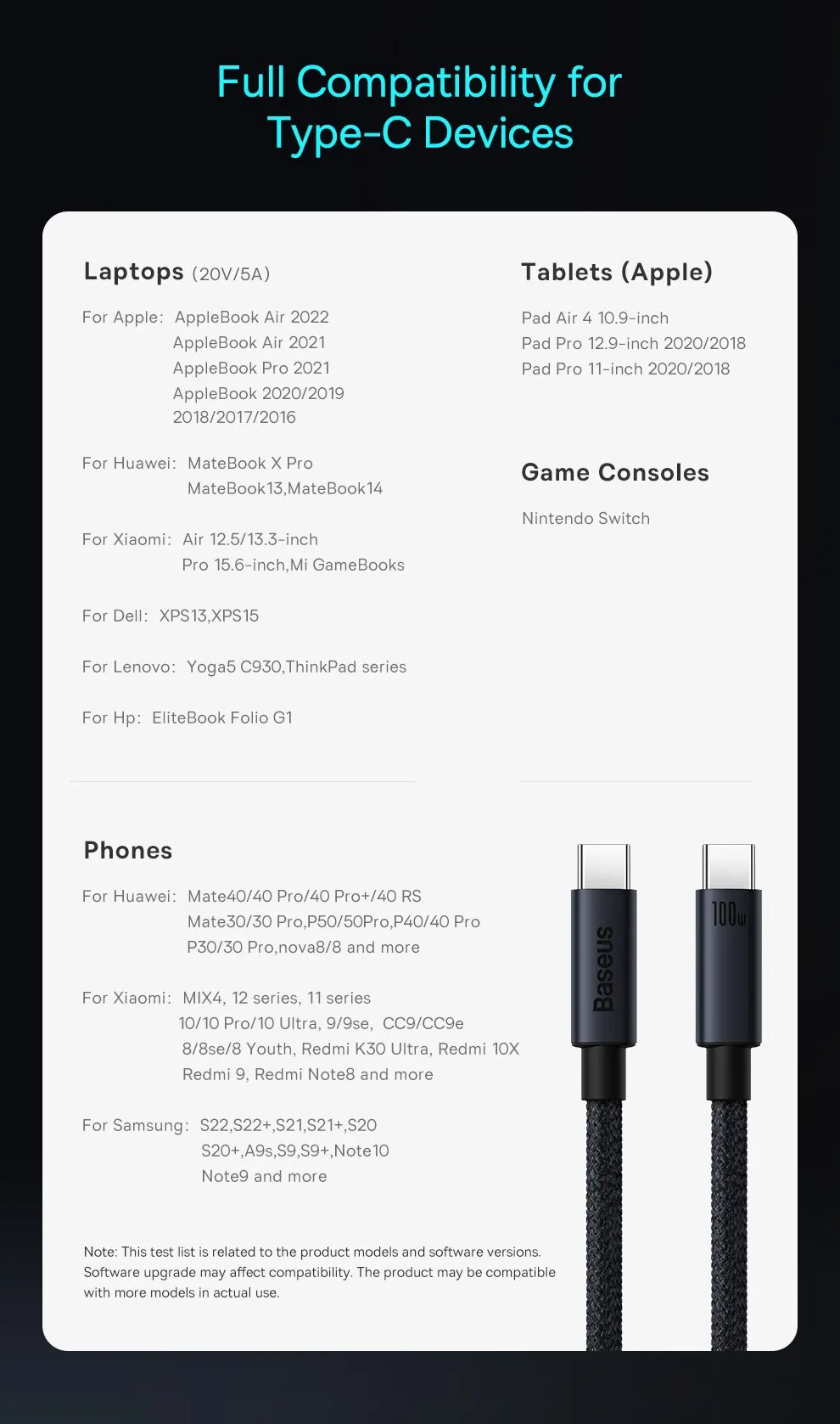 Baseus 100W USB C To Type C Cable For iPhone 16 15 Plus Pro Max PD Fast Charging Charger Cable For Macbook Xiaomi Samsung