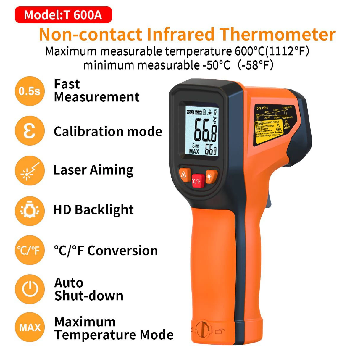 NJTY T600 Infrared Thermometer Handheld Heat Temperature For Cooking Tester Pizza Oven Grill & Engine - Laser Surface Temp Read