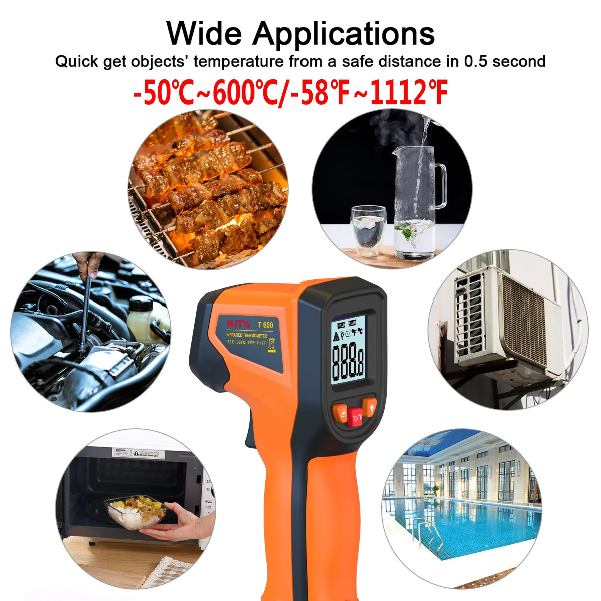 NJTY T600 Infrared Thermometer Handheld Heat Temperature For Cooking Tester Pizza Oven Grill & Engine - Laser Surface Temp Read