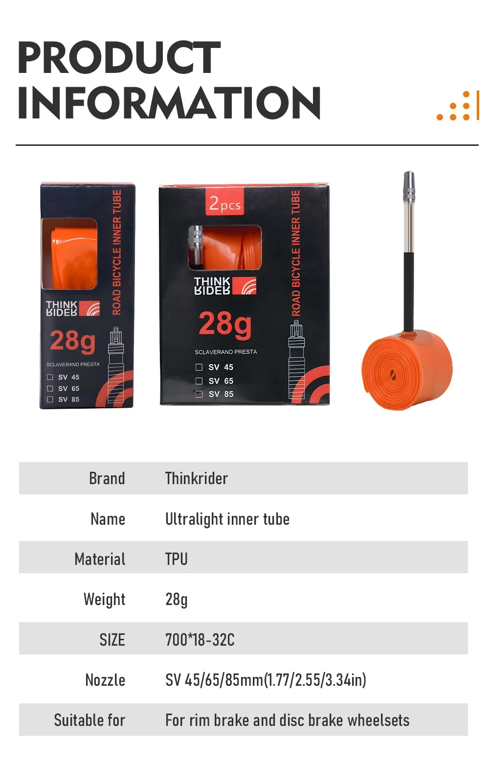 ThinkRider 1Pcs Ultralight 28g Bike Inner Tube 700X18 25 28 32 Road Bicycle TPU Material Tire 65mm Length French Valve