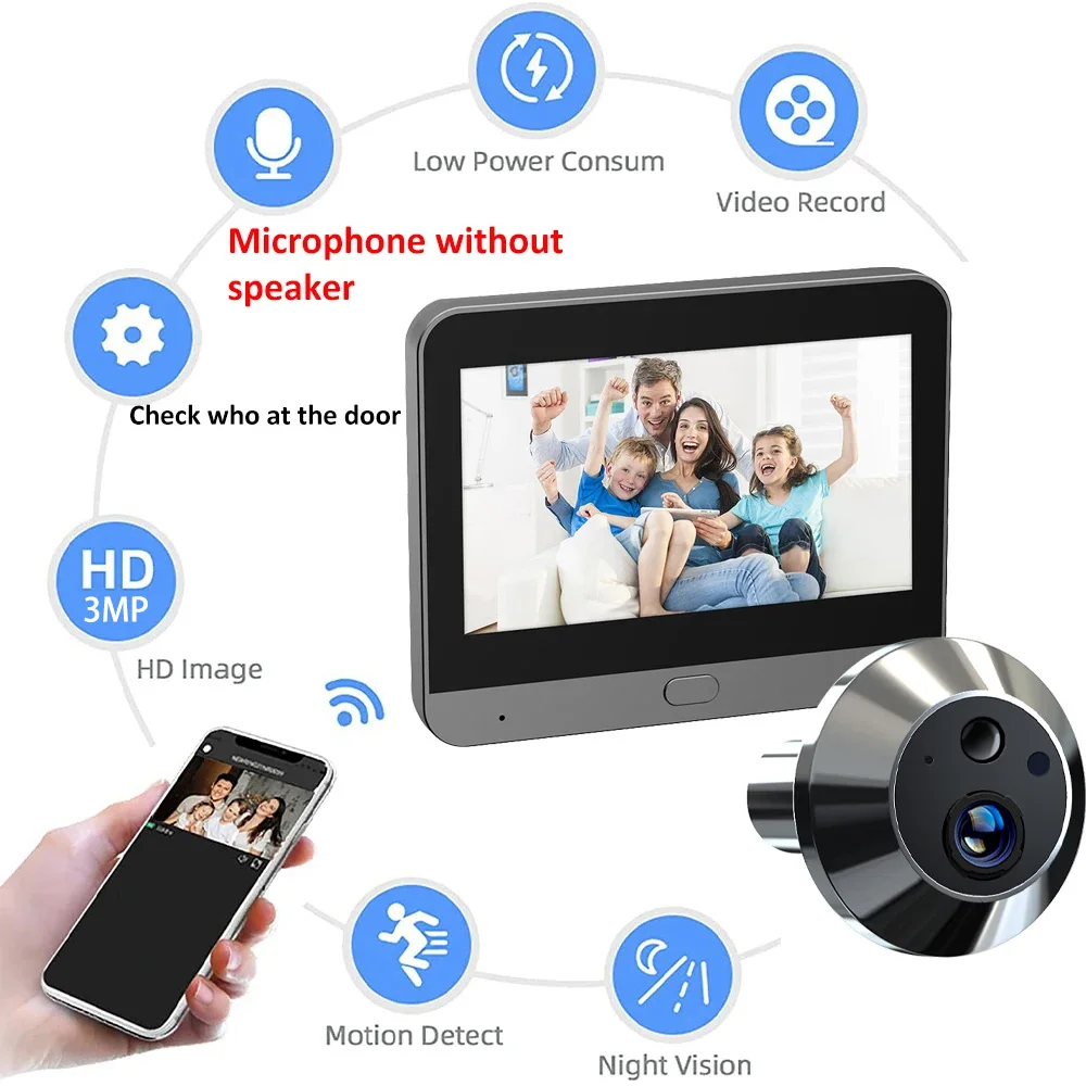 Tuya Smart 3MP 140° Wide View Angle Mini Digital Peephole Eye Viewer WiFi IR PIR Detection Doorbell Door Camera Alexa Google