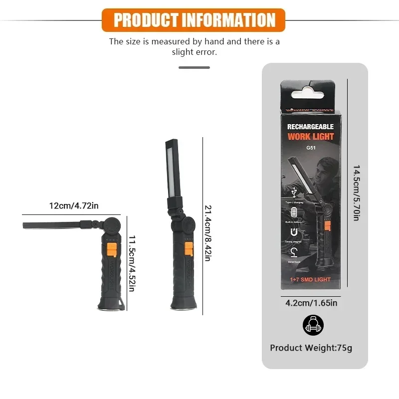 1pc COB LED Work Light Dimmable USB Rechargeable LED Flashlight Inspection Lamp With Magnet&Hook 14500/18650 Battery Torch Light