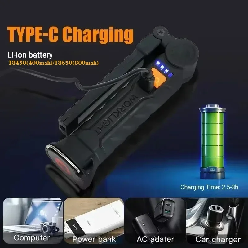 1pc COB LED Work Light Dimmable USB Rechargeable LED Flashlight Inspection Lamp With Magnet&Hook 14500/18650 Battery Torch Light