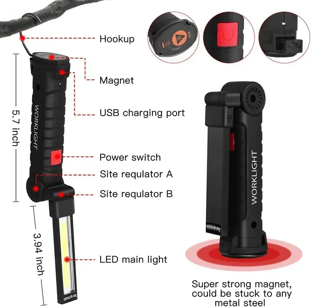 1pc COB LED Work Light Dimmable USB Rechargeable LED Flashlight Inspection Lamp With Magnet&Hook 14500/18650 Battery Torch Light