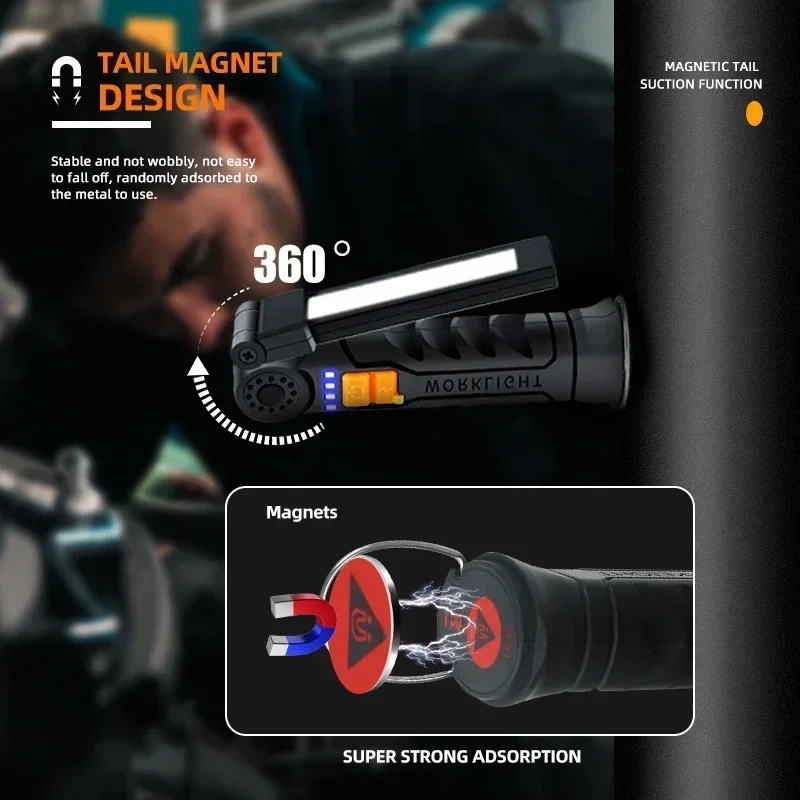 1pc COB LED Work Light Dimmable USB Rechargeable LED Flashlight Inspection Lamp With Magnet&Hook 14500/18650 Battery Torch Light