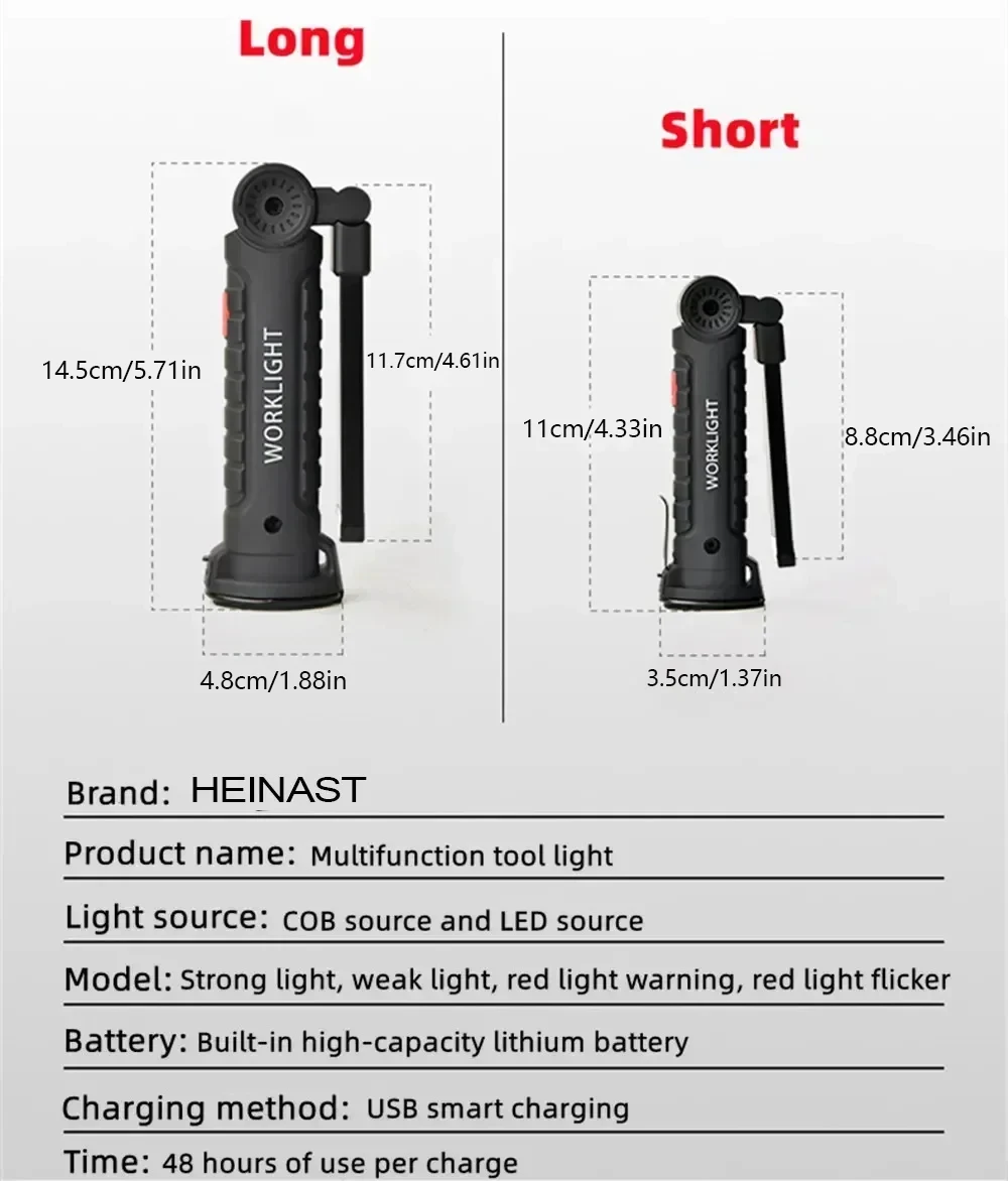 1pc COB LED Work Light Dimmable USB Rechargeable LED Flashlight Inspection Lamp With Magnet&Hook 14500/18650 Battery Torch Light