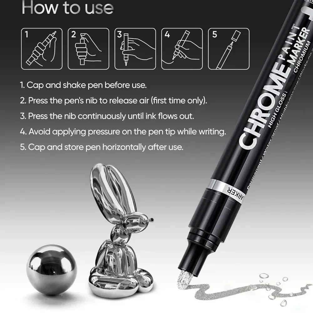 5/1pcs Chrome Pen Marker Mirror Waterproof Paint Repair For Rock Ceramic Glass Metallic Gold/Silver 2mm Nib