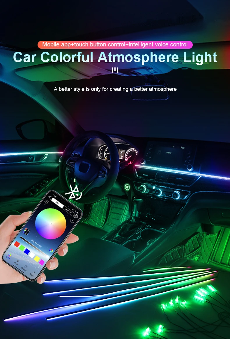 14/18 in 1 Led Acrylic Car Ambient Light RGB 64 213 Color Symphony Acrylic APP Streamer Atmosphere Lamp Kit One Zone Dual Zone