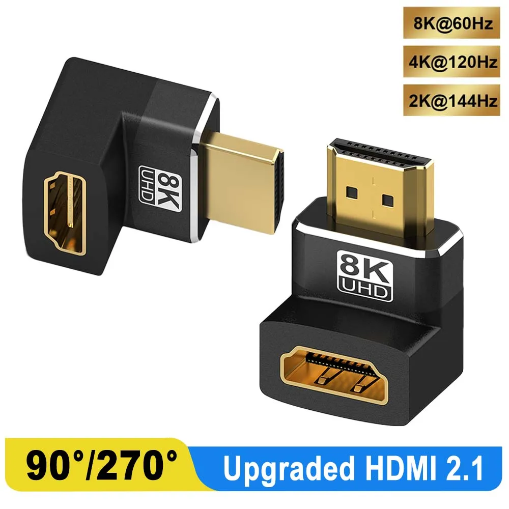 HDMI 90 and 270 Degree Adapter,HDMI 2.1 8K@60hz 2.0 4K@120hz 2K Right Angle HDMI L Adapter for HDTV PS4 PS5 Lapto