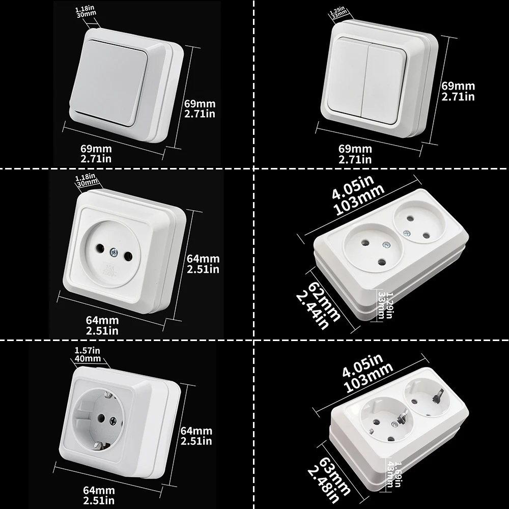 WESA White Wall Surface 2 Sockets Plugs EU Exterior Electrical Outlets With Ground Power Socket Flame Retardant Paint Plastic