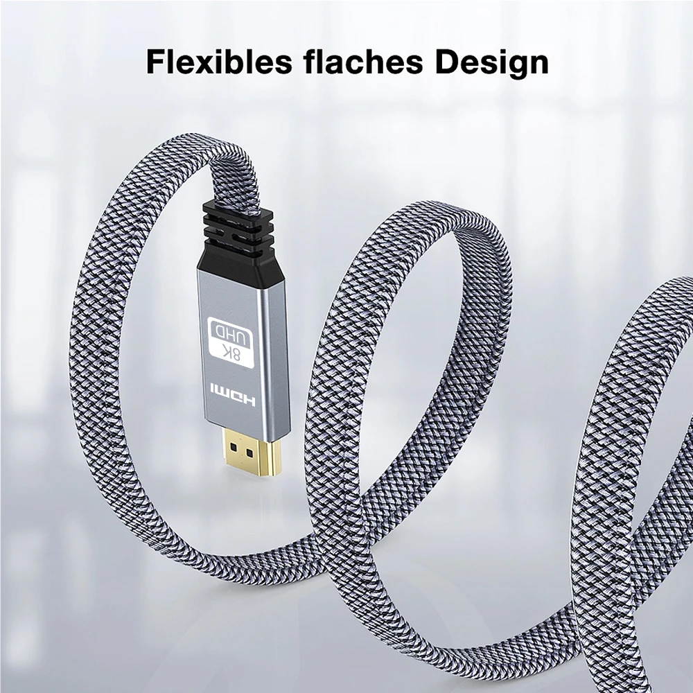8K HDMI Flat Cable 48Gbps High Speed 8K60 4K120 144Hz Braided HDMI 2.1 Cord 3D EARC HDCP 2.2&2.3 Compatible with Roku TV/PS5