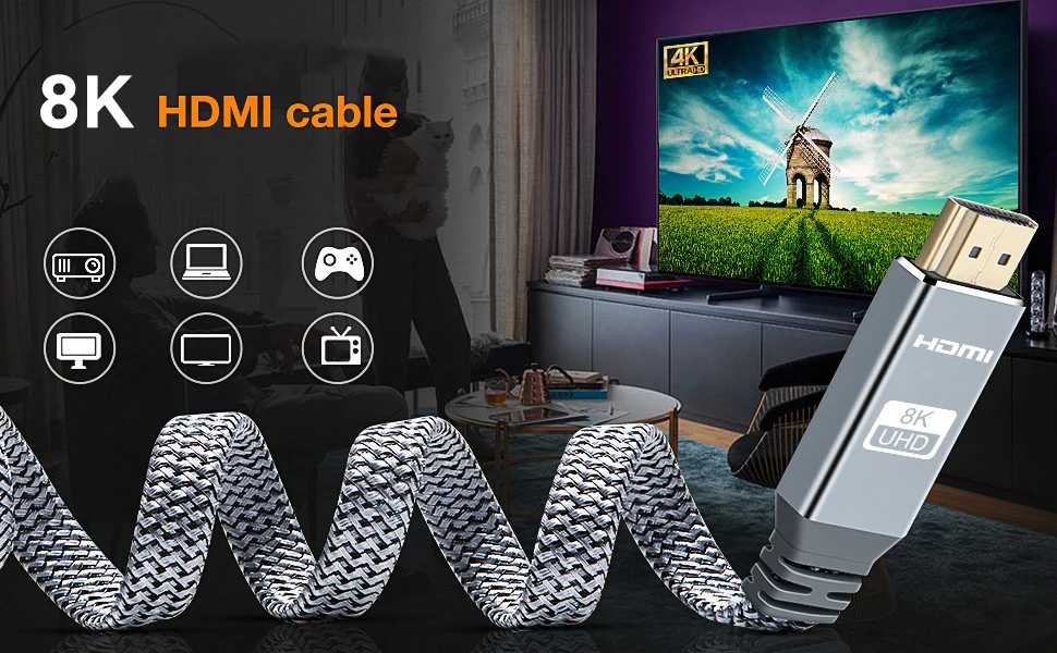8K HDMI Flat Cable 48Gbps High Speed 8K60 4K120 144Hz Braided HDMI 2.1 Cord 3D EARC HDCP 2.2&2.3 Compatible with Roku TV/PS5