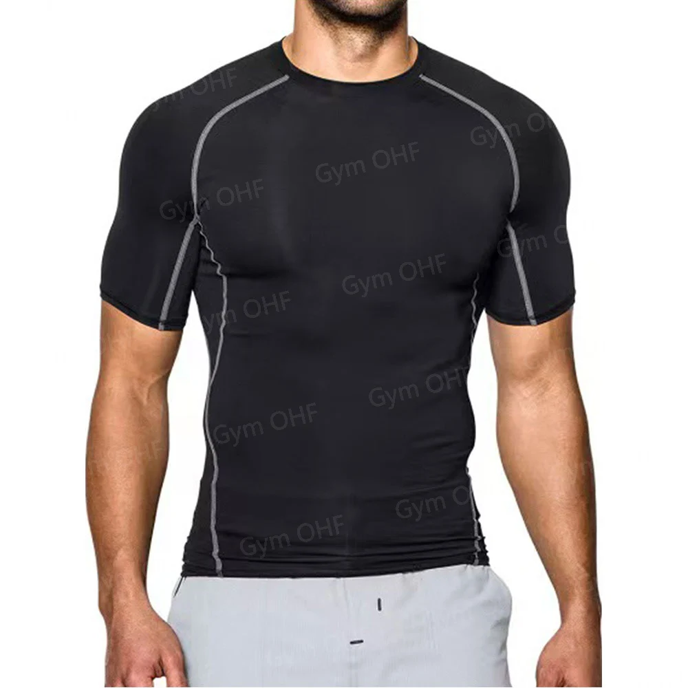 Men's Solid Color Short Sleeved T-shirt Compressed Quick Drying Breathable Training Suit Fitness Jujitsu Rashguard Top Gym Sport